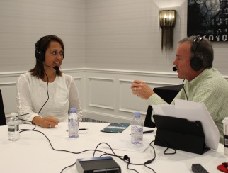 Julie Averill (left) chats with host Bill Thorne (right).